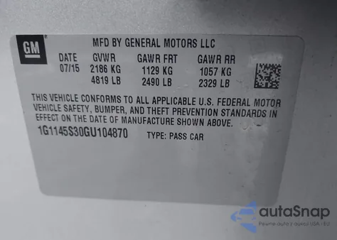 2016 Chevrolet Impala 2Lz from USA, damaged, VIN 1G1145S30GU104870